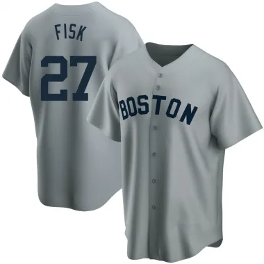 Gray Replica Carlton Fisk Men's Boston Red Road Cooperstown Collection Jersey